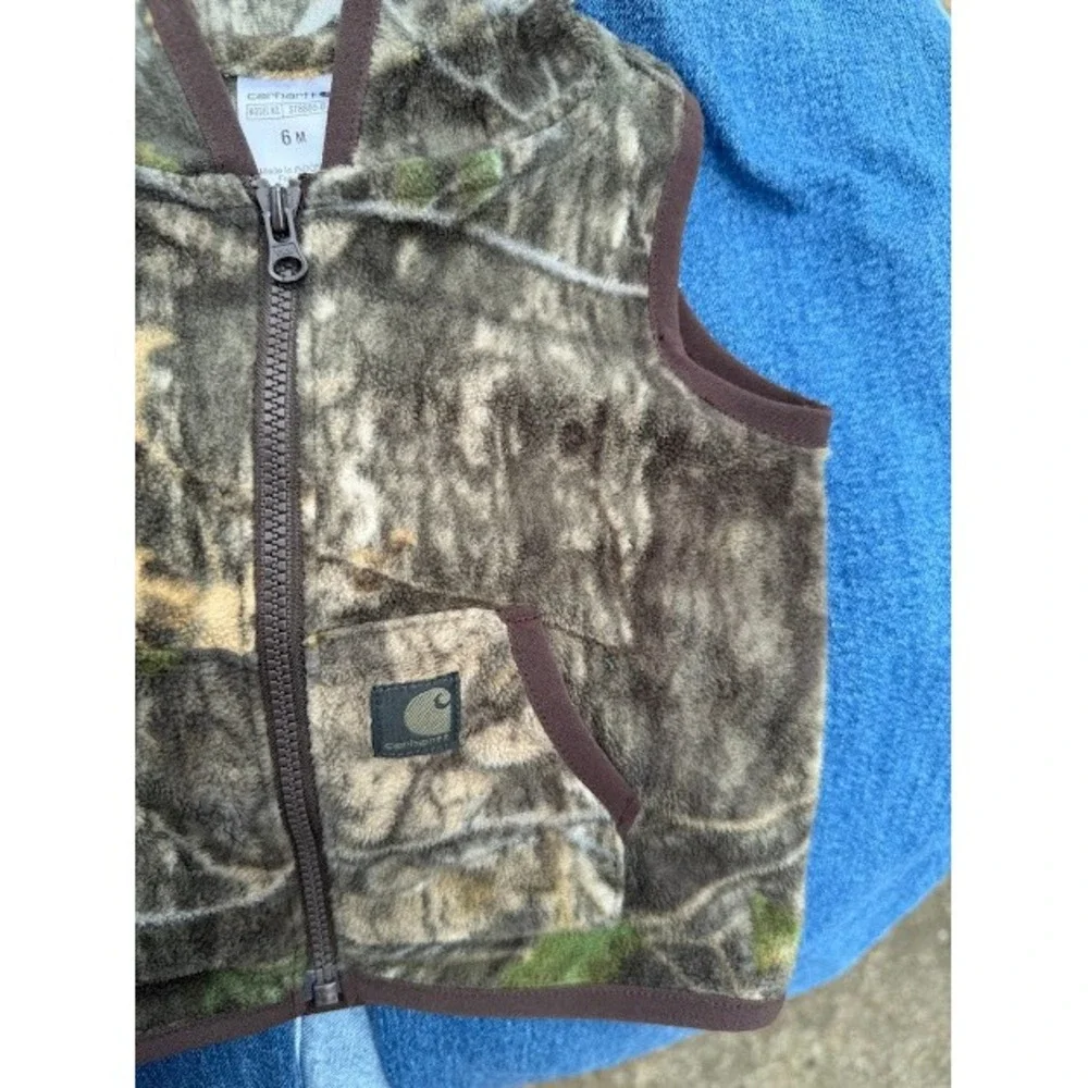 Camo Carhartt Fleece Vest Kids 6M Brown Real Tree Hooded Zip Up ST8886-B Rugged